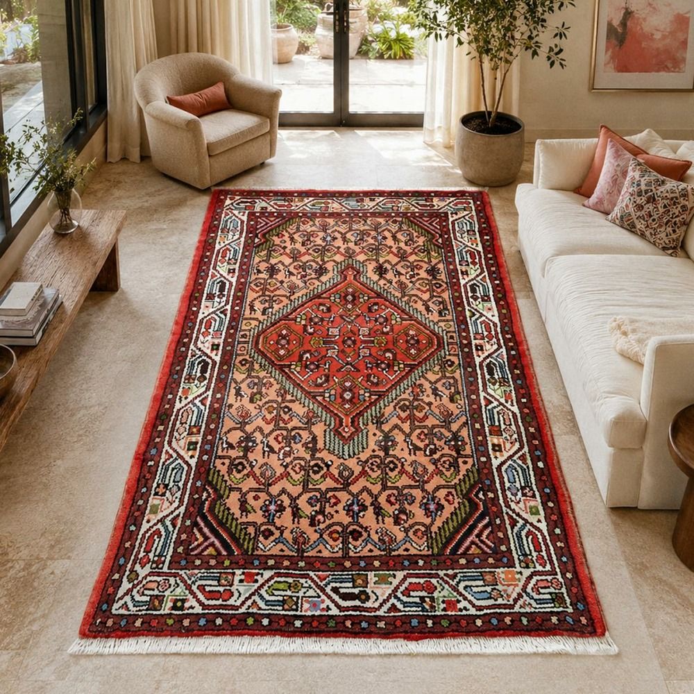 Tapis d'orient 77 x 127 cm, rose, crème et rouge, laine nouée main, hamadan 29
