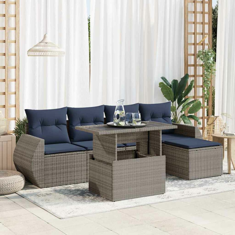 Salon de jardin avec coussins 6 pcs gris résine tressée acacia