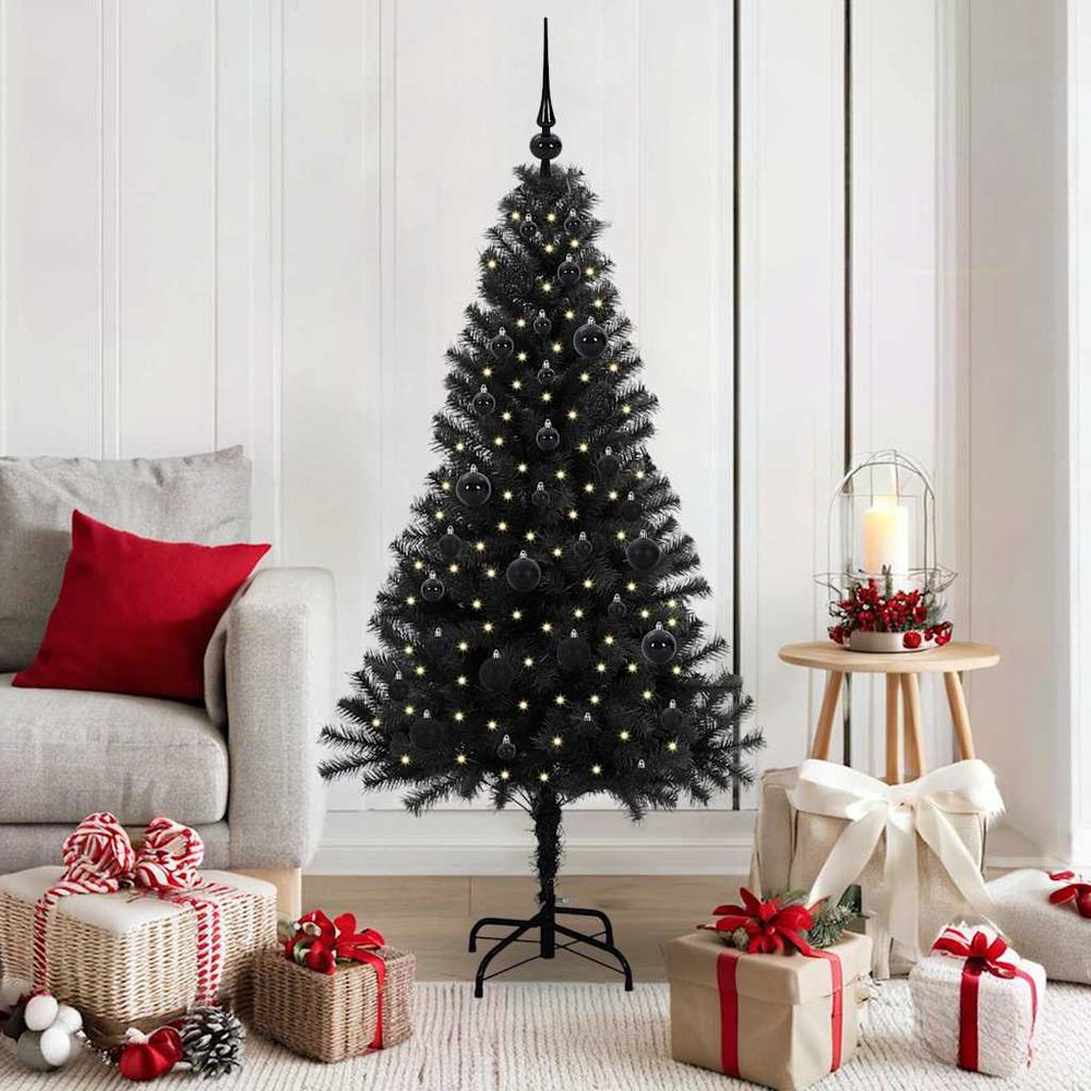 Sapin de noël artificiel conique lumineux 150 led, kit complet noir 150 cm pour intérieur & extérieur