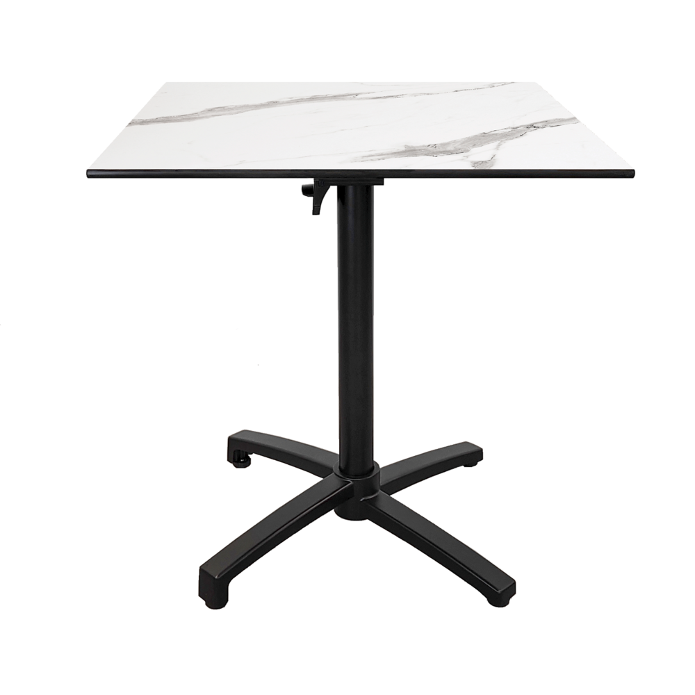 Table pliable pour terrasse en compact hpl décor marbre blanc 70x70