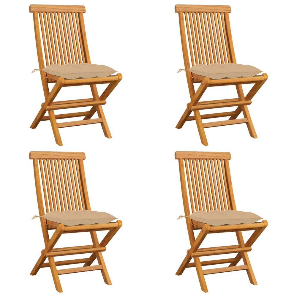 Chaises pliantes avec coussins beiges, 4 pièces, en teck massif