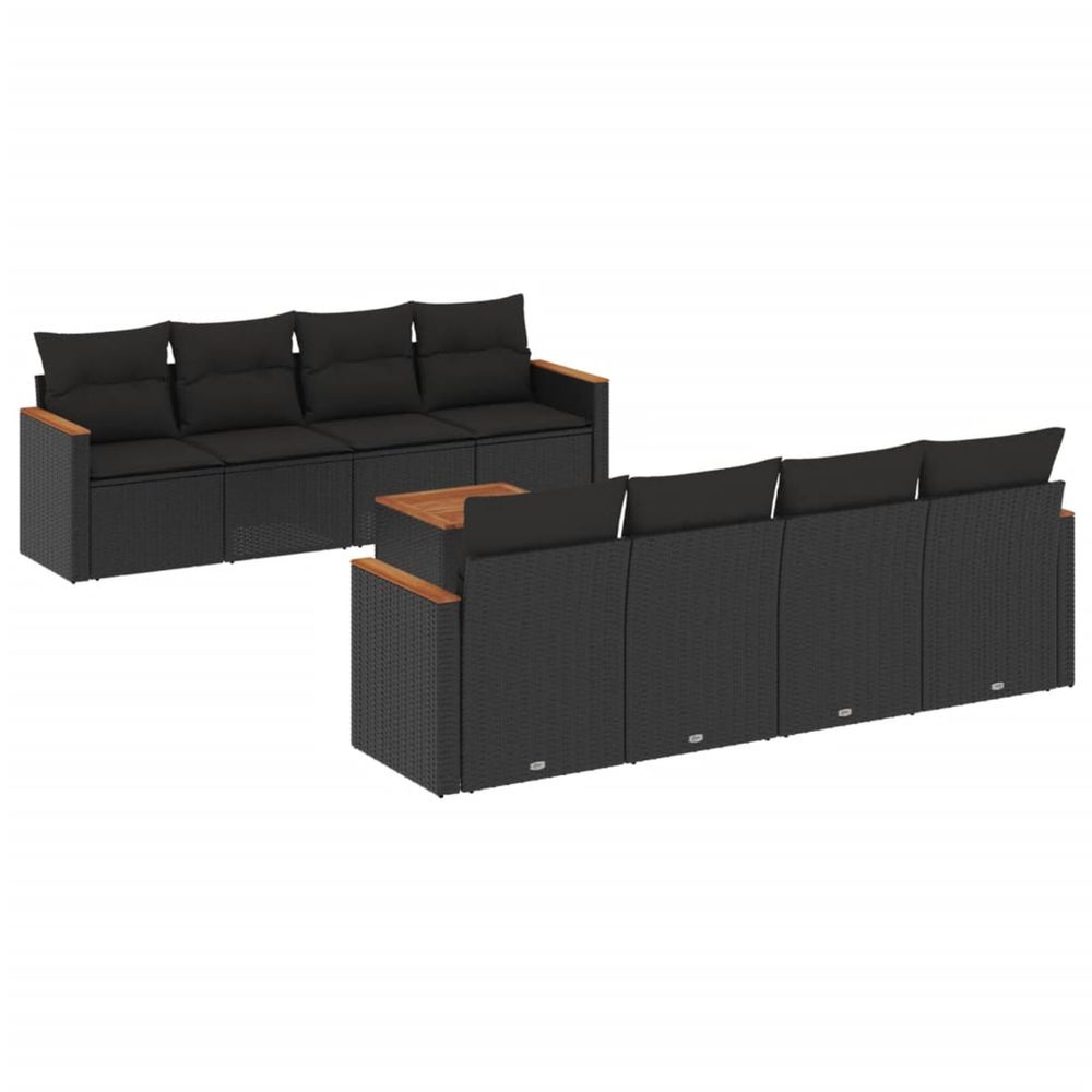 Salon de jardin 9 pcs avec coussins noir résine tressée