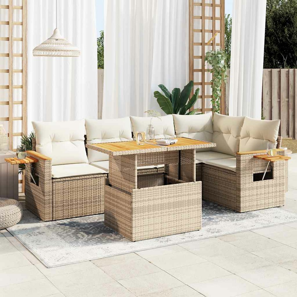 Salon de jardin 6 pcs avec coussins beige résine tressée acacia