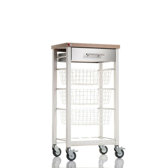 Desserte de cuisine onda – plateau décor bois orme, façade du tiroir en inox et 3 paniers de rangement