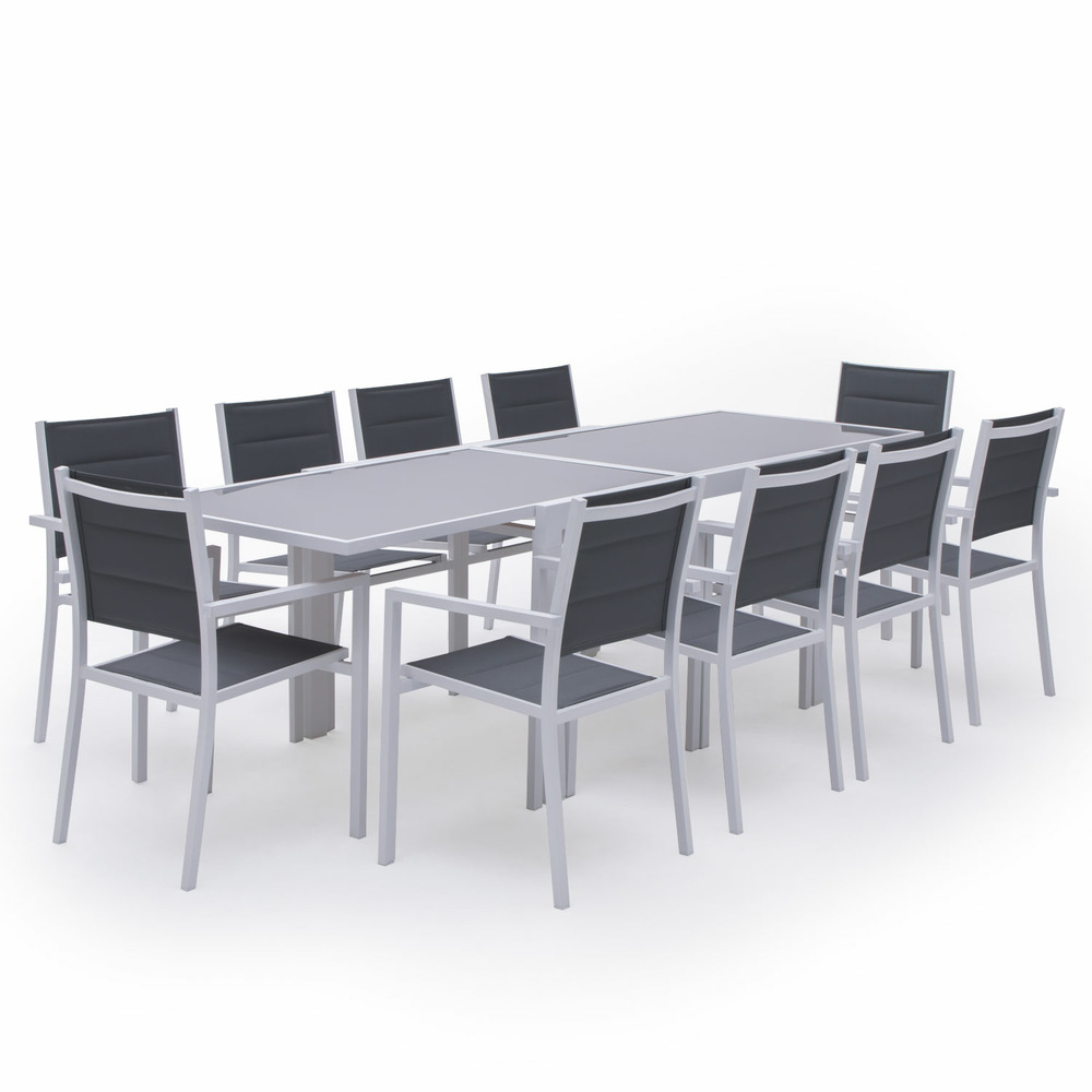 Salon de jardin lampedusa extensible textilène gris 10 places - aluminium blanc