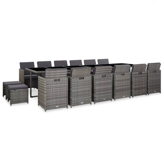 Ensemble de salle à manger d'extérieur et coussins 17 pcs gris