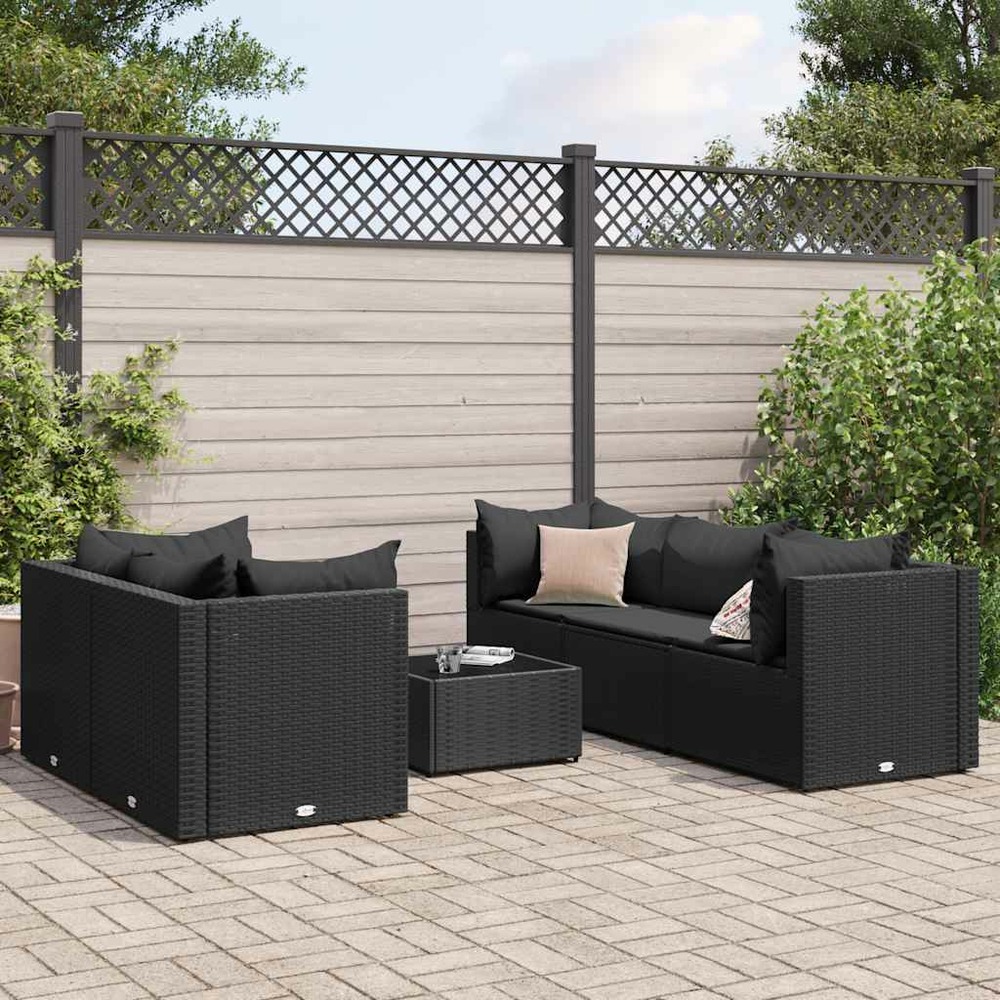 Salon de jardin 6 pcs avec coussins noir résine tressée