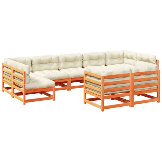 Salon de jardin 9 pcs avec coussins marron cire bois pin massif