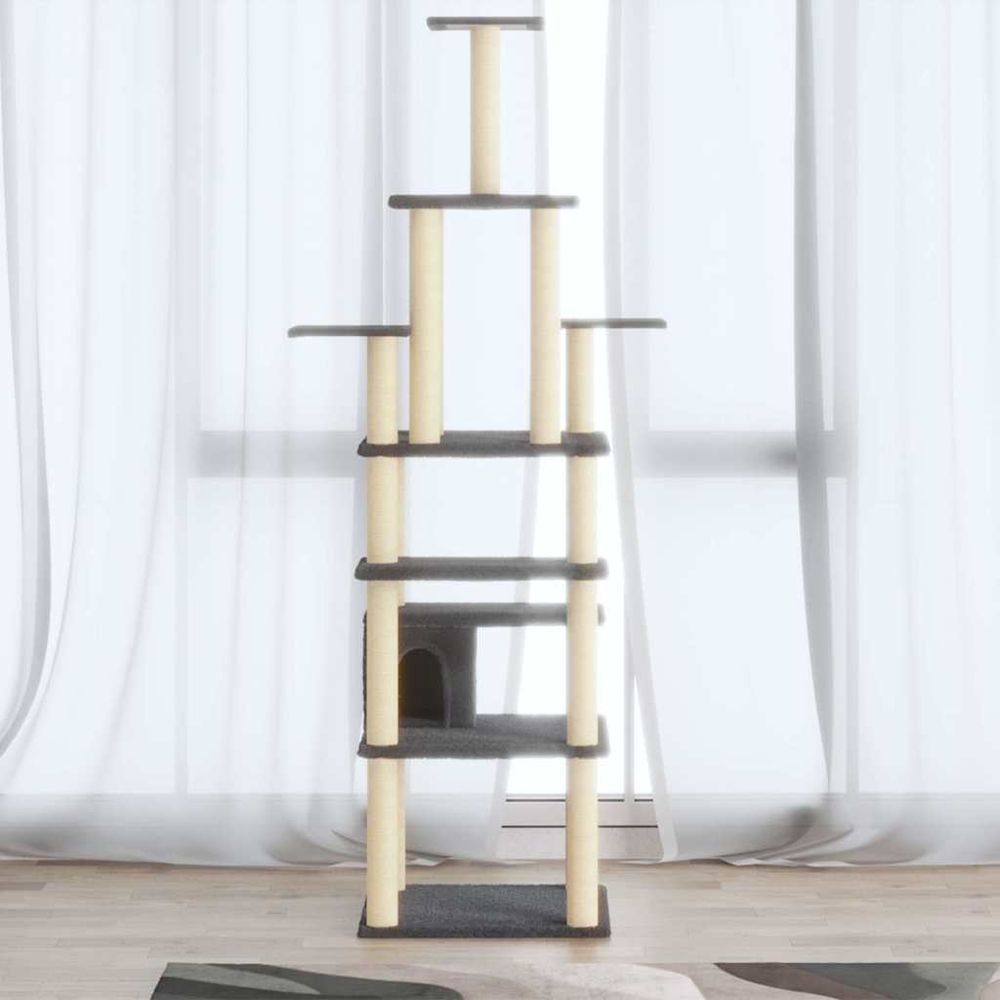 Grand arbre à chat multi-niveaux 183cm gris foncé, tour d'activité avec niche, plateformes et poteaux en sisal