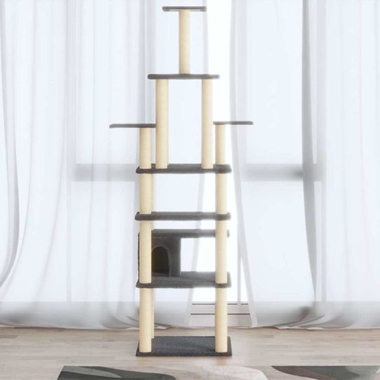 Grand arbre à chat multi-niveaux 183cm gris foncé, tour d'activité avec niche, plateformes et poteaux en sisal