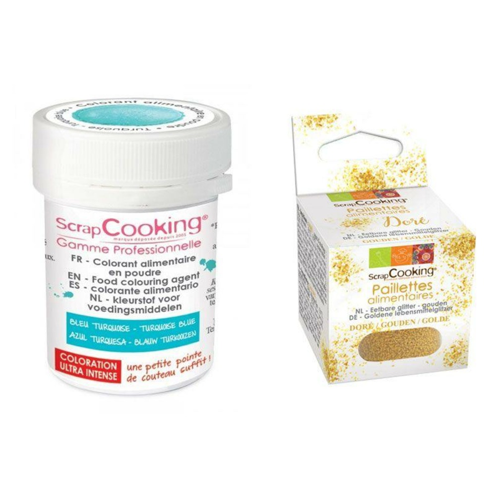 Colorant alimentaire en poudre turquoise + paillettes dorées