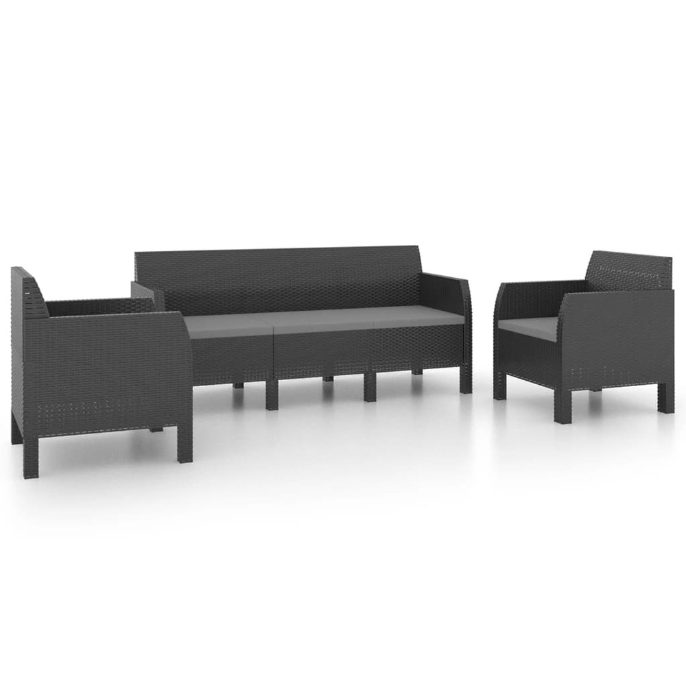 Salon de jardin 3 pcs avec coussins pp rotin anthracite