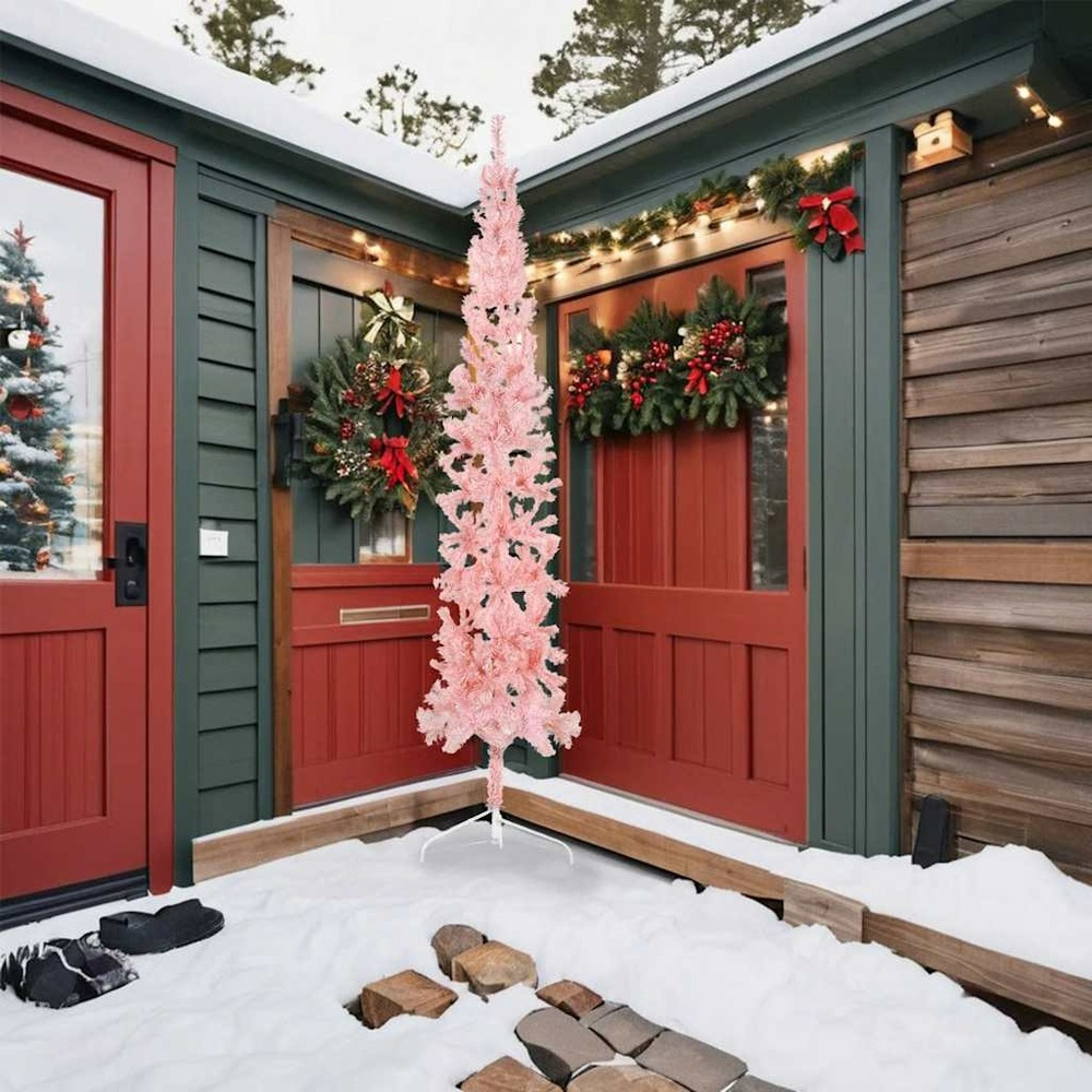 Demi sapin de noël artificiel mince avec support rose 240 cm