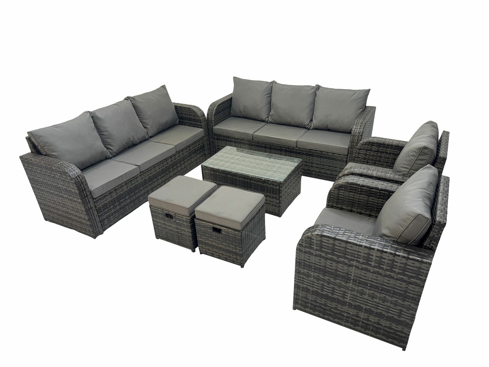 Ensemble de canapés en rotin avec canapé 3 places chaise inclinable 2 petits tabourets gris foncé mixte