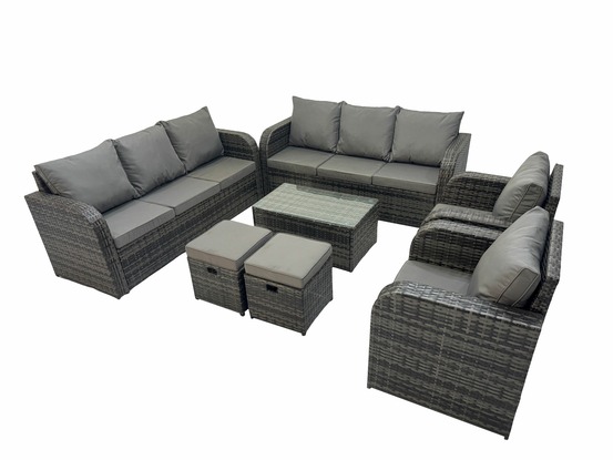 Ensemble de canapés en rotin avec canapé 3 places chaise inclinable 2 petits tabourets gris foncé mixte