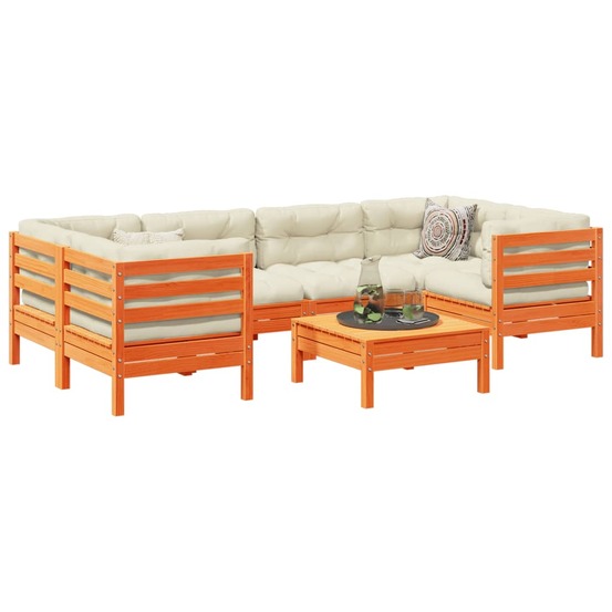 Salon de jardin 7 pcs avec coussins cire marron bois pin massif