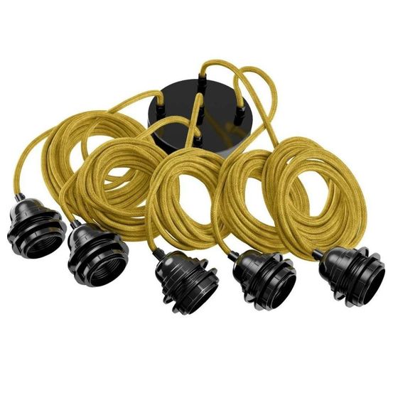 Suspension hang luminaire 5 cordes - lin moutarde douilles noires