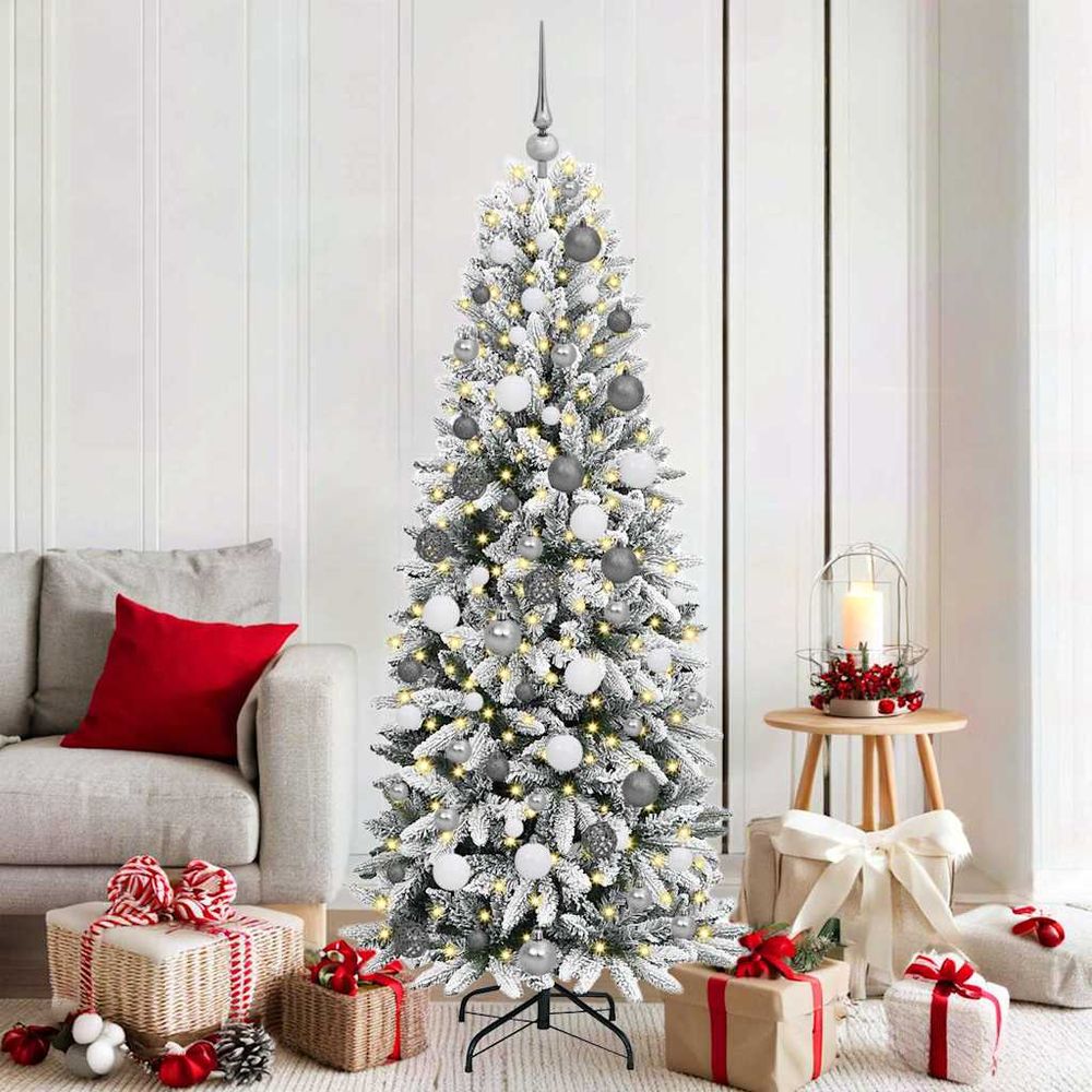 Sapin de noël blanc 180 cm effet neige, lumineux 300 led, kit décoration complet inclus