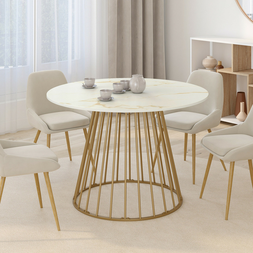 Table à manger ronde yuna 6 personnes pied filaire laiton et plateau effet marbre blanc alaska 110 cm