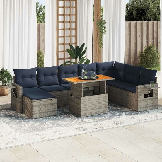 Salon de jardin 9 pcs avec coussins gris résine tressée