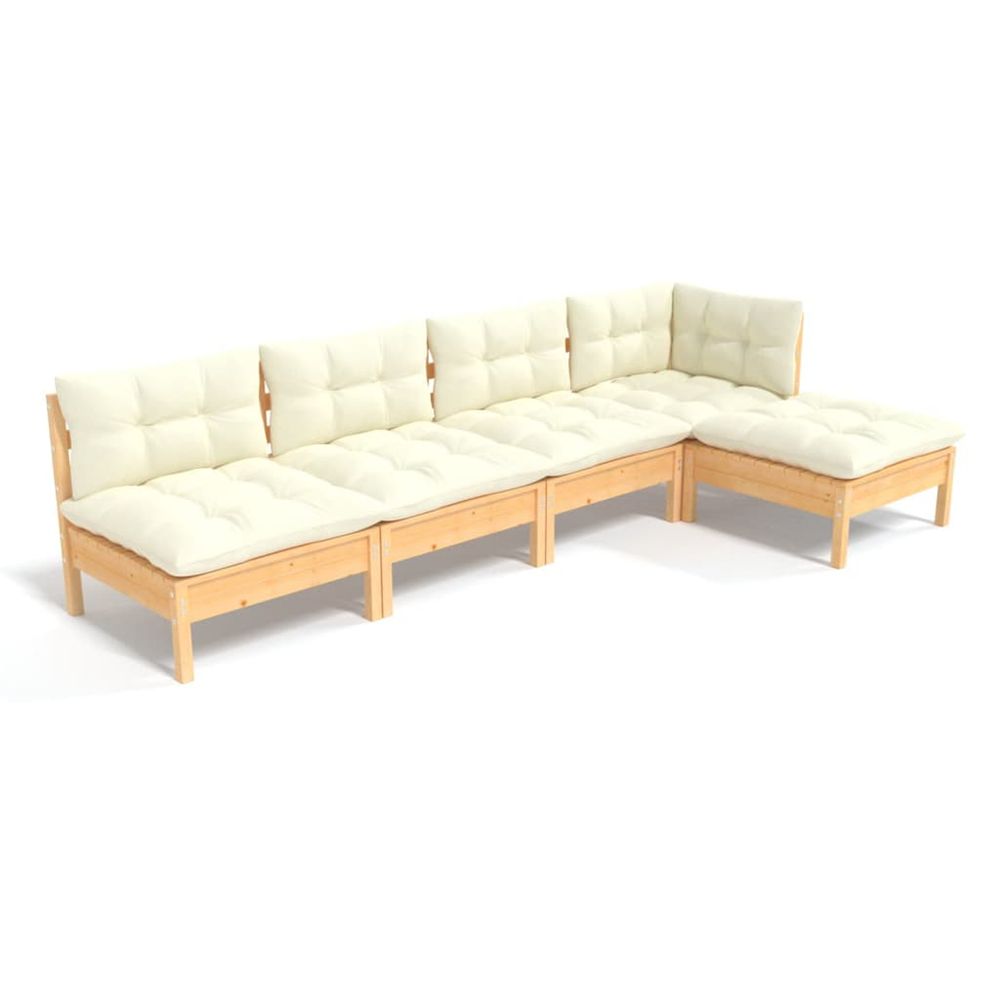 Salon de jardin 5 pcs avec coussins crème bois de pin