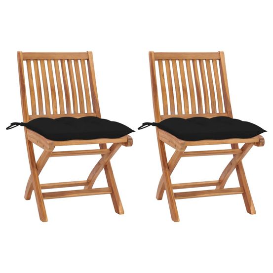 Chaises pliantes (lot de 2) avec coussins noirs, en bois de teck massif