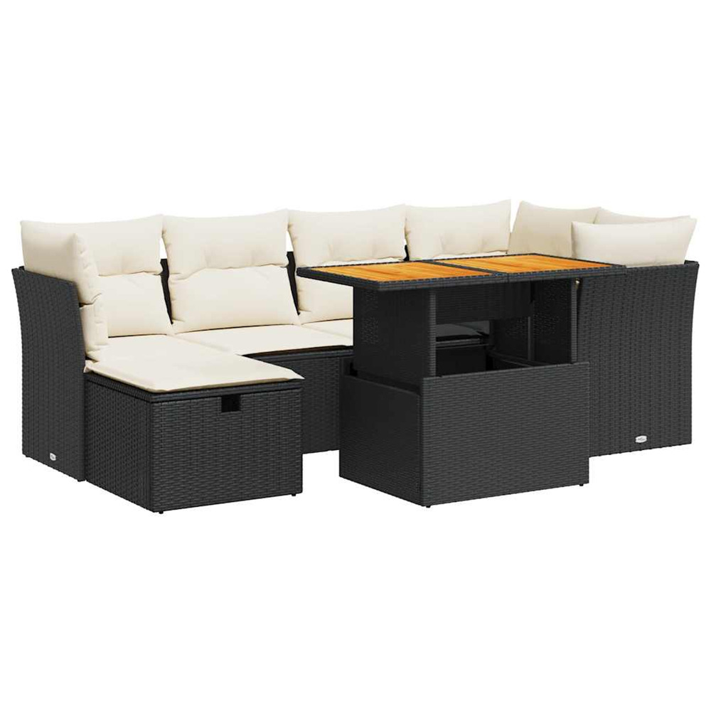 Salon de jardin avec coussins 7 pcs noir résine tressée acacia