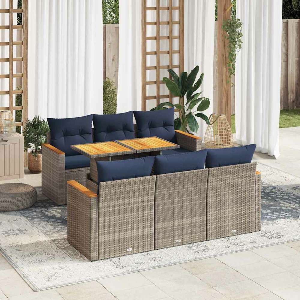 Salon de jardin avec coussins 7 pcs gris résine tressée