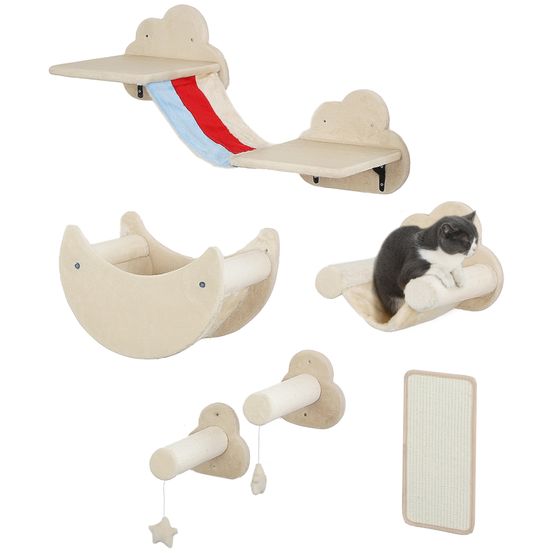 Parcours mural design pour chat 6 pièces avec hamacs et plateformes ludiques beige ciel