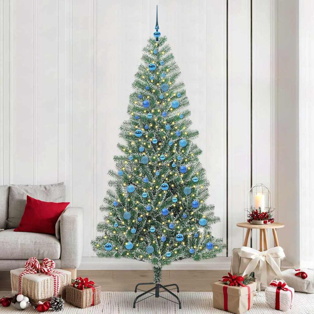 Kit complet sapin de noël enneigé 240 cm, inclut support, 120 boules et guirlande led intégrée