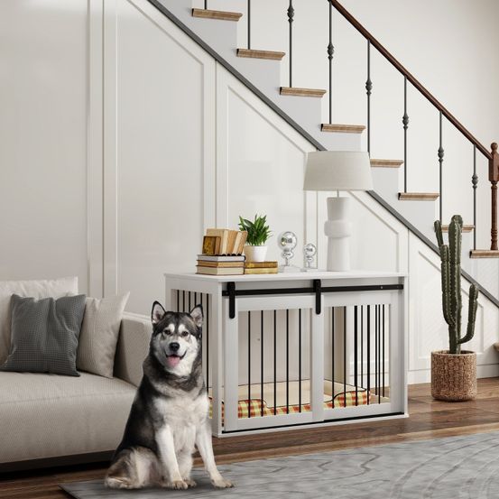 Cage pour chien meuble intérieur bois acier aération porte coulissante 98x58x61cm blanc