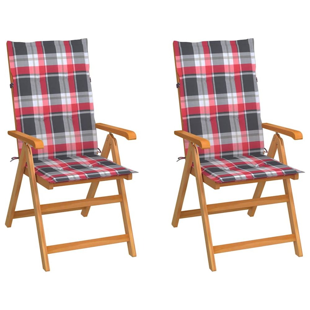 Chaises pliantes, 2 coussins à carreaux rouges, bois de teck massif
