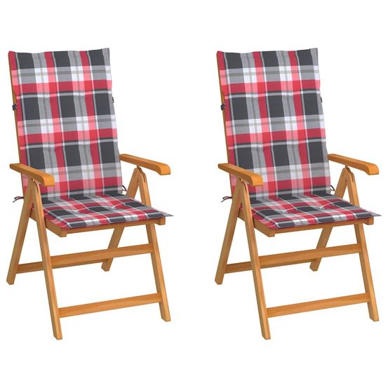 Chaises pliantes, 2 coussins à carreaux rouges, bois de teck massif