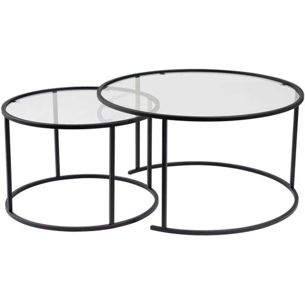Ensemble de 2 tables gigognes rondes en métal et verre auruma noir avec verre tr