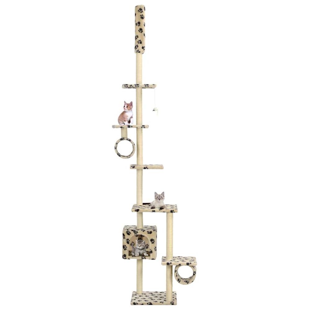 Arbre à chat géant 260 cm en sisal avec niches et jouets beige motif pattes