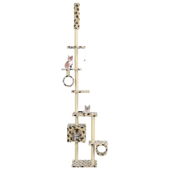 Arbre à chat géant 260 cm en sisal avec niches et jouets beige motif pattes