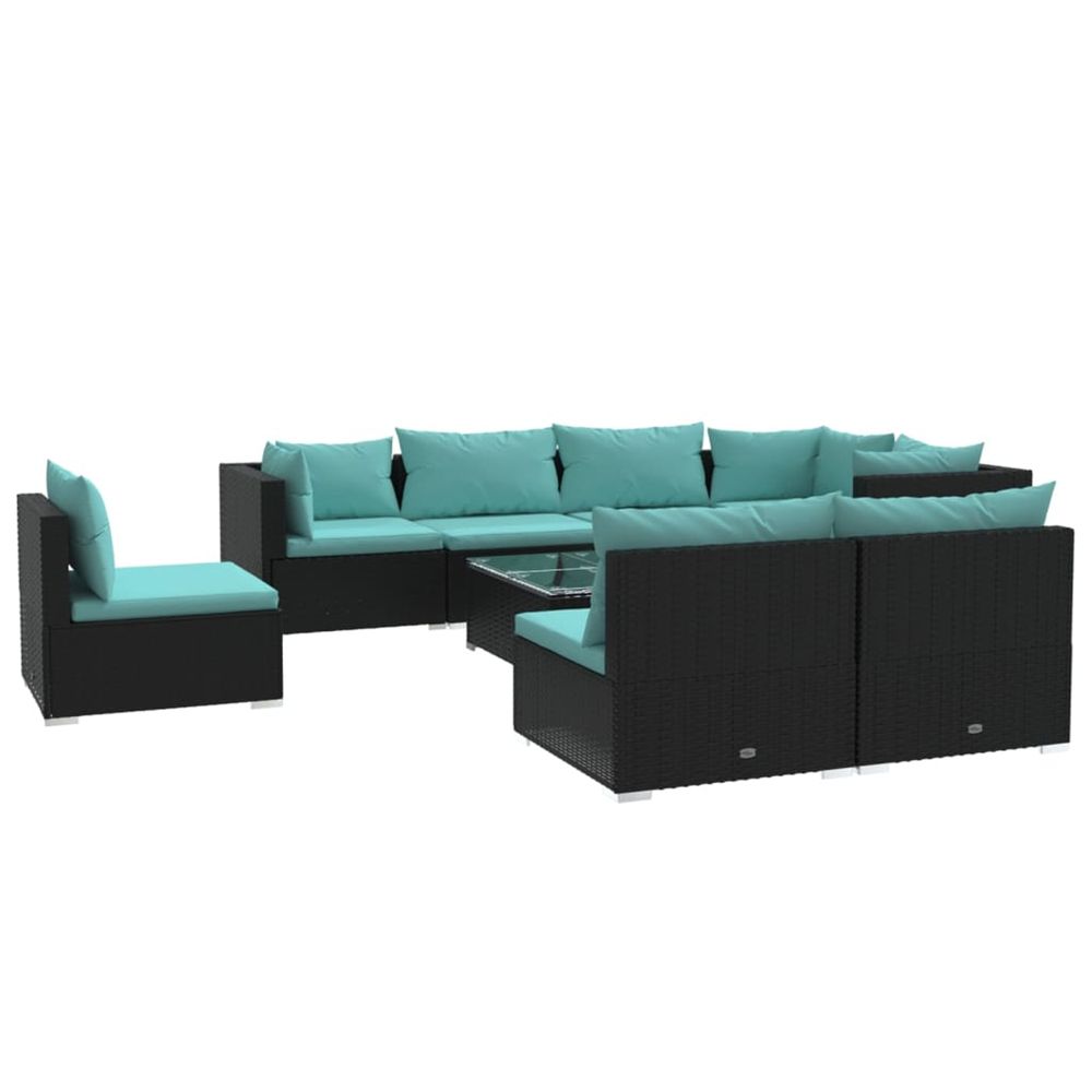 Salon de jardin 9 pcs avec coussins résine tressée noir