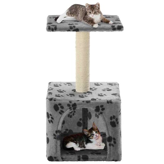 Petit arbre à chat 55 cm sisal avec niche pour chaton gris motif pattes