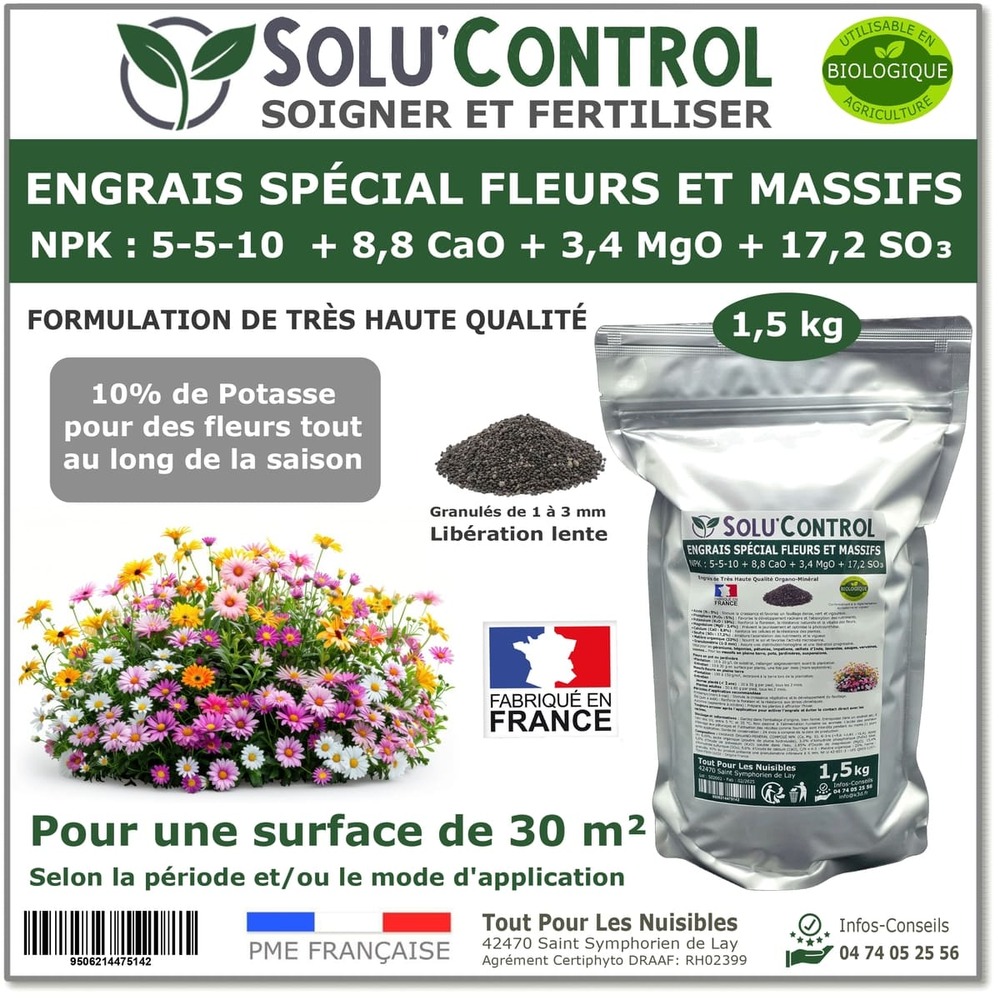 1,5 kg - engrais spécial fleurs et massifs npk 5-5-10 - favorise une floraison abondante, éclatante et durable - uab