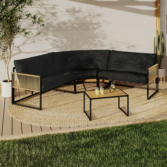Salon de jardin bas rio 6 places salon d'angle structure métal et cordage effet rotin avec coussin noir