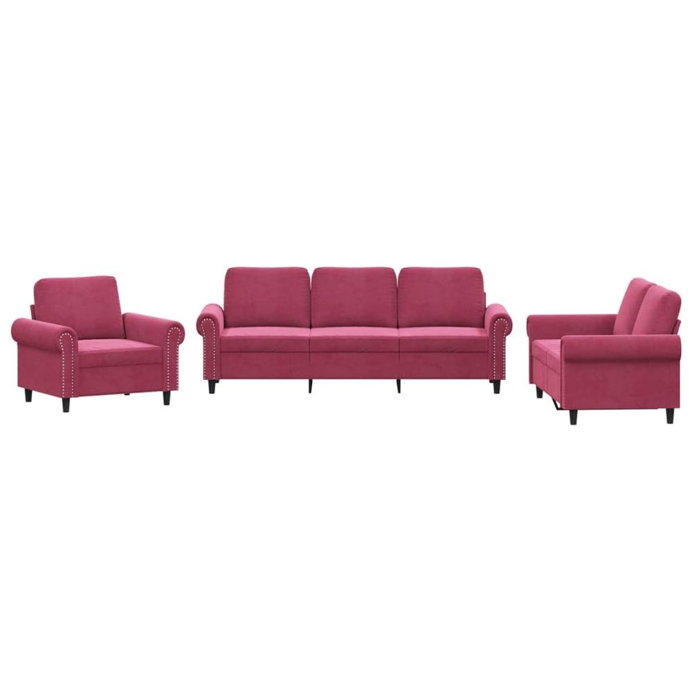 Ensemble de canapés 3 pcs avec coussins rouge bordeaux velours
