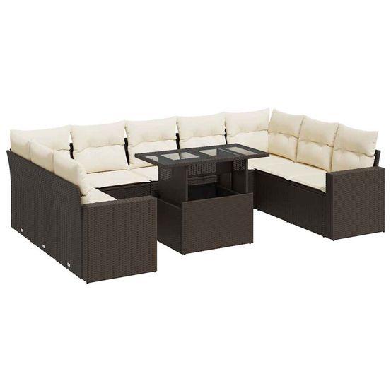Salon de jardin 10 pcs avec coussins marron résine tressée