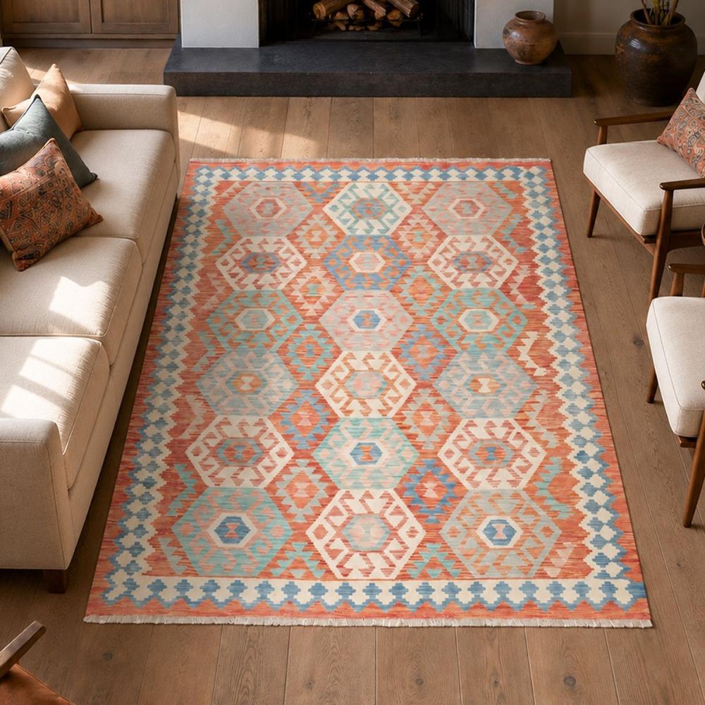 Tapis kilim 177 x 242 cm, multicolore, bleu et rouge, géométrique en laine, kilim 102