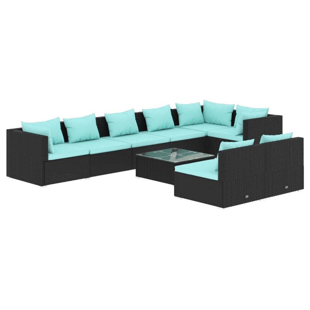 Salon de jardin 9 pcs avec coussins noir résine tressée