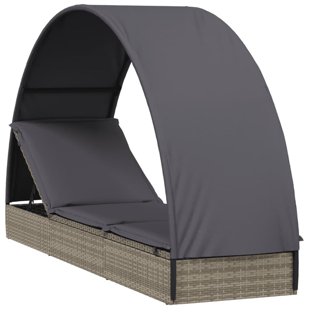 Chaise longue avec toit rond gris 211x57x140 cm résine tressée bain de soleil