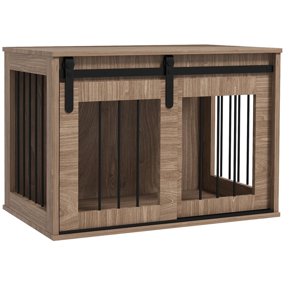 Cage d'intérieur 2 en 1 acier et bois pour chiens avec porte coulissante 80x54cm marron