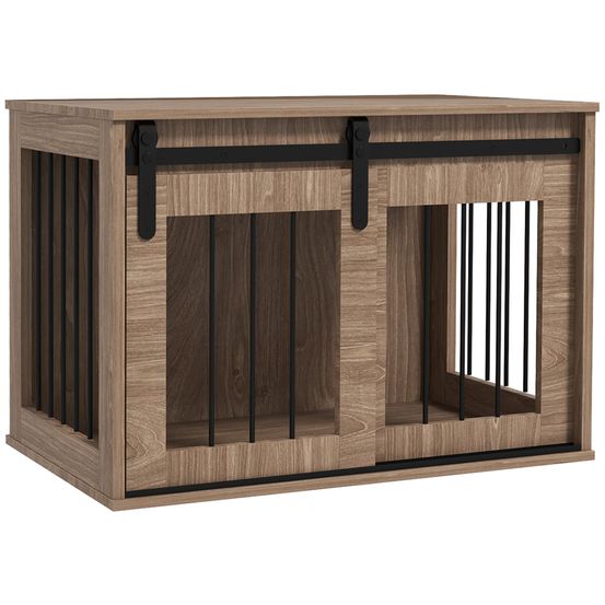 Cage d'intérieur 2 en 1 acier et bois pour chiens avec porte coulissante 80x54cm marron