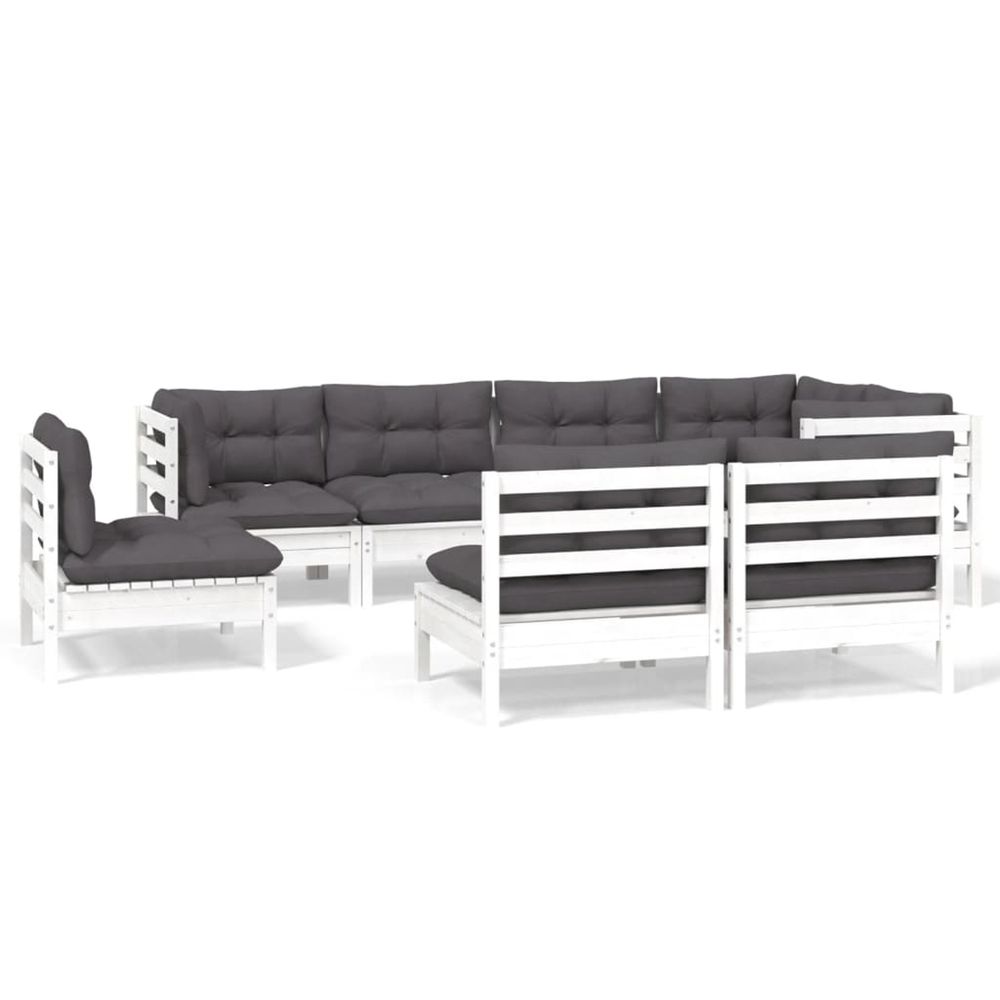 Salon de jardin 8 pcs avec coussins blanc bois de pin massif