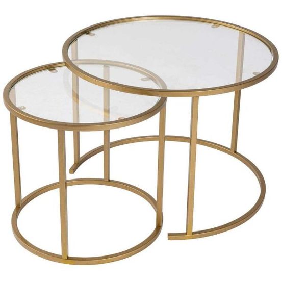 Ensemble de 2 tables gigognes rondes en métal et verre aurum doré verre transpar