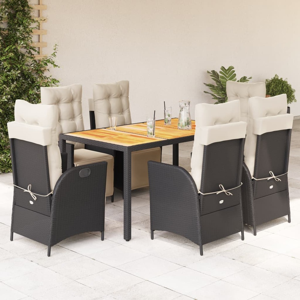 Ensemble à manger de jardin coussins 7pcs noir résine tressée